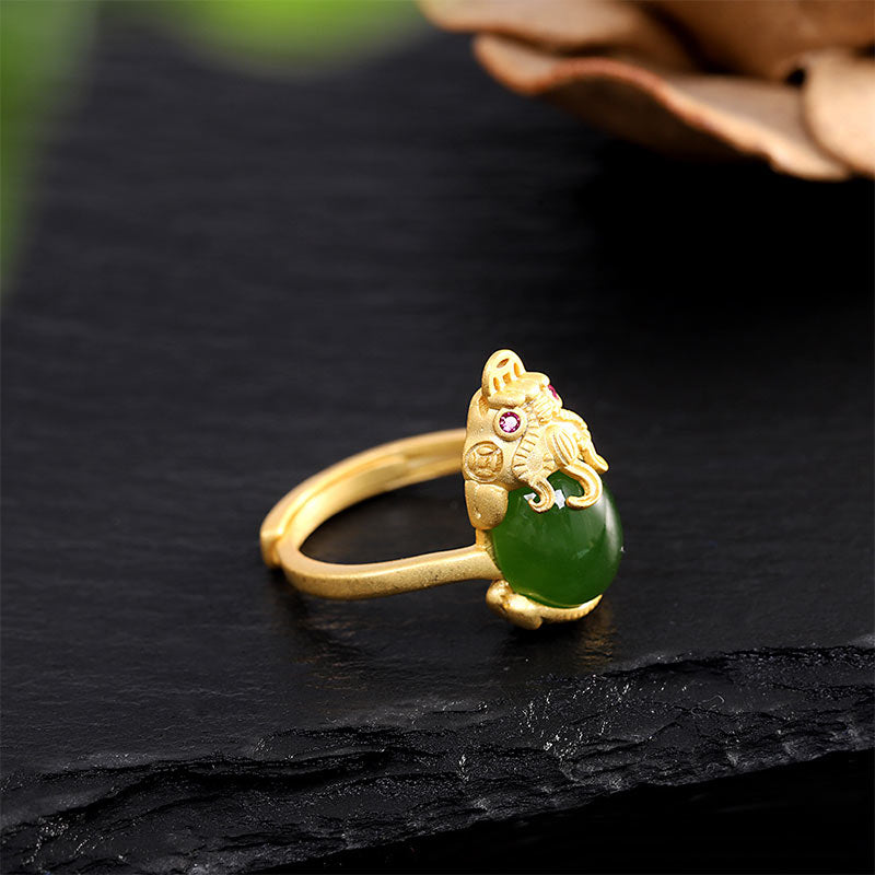 KarmaRipple's 18k Gold-plated Pixiu Jade Wealth Ring p4