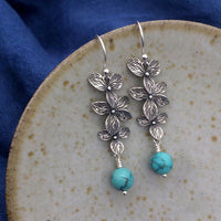 KarmaRipple's 925 Sterling Silver Turquoise Lazurite Flower Leaf Serenity Protection Hook Drop Dangle Earrings