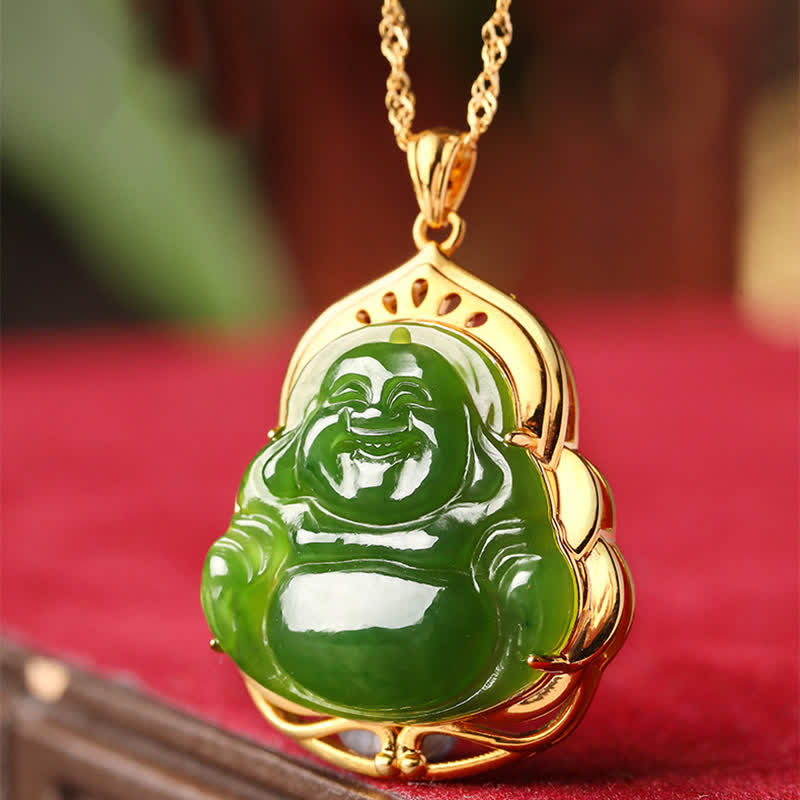KarmaRipple's 925 Sterling Silver Authentic Hetian Cyan Jade Laughing Buddha 18K Gold Balancing Pendant Chain Necklace p4