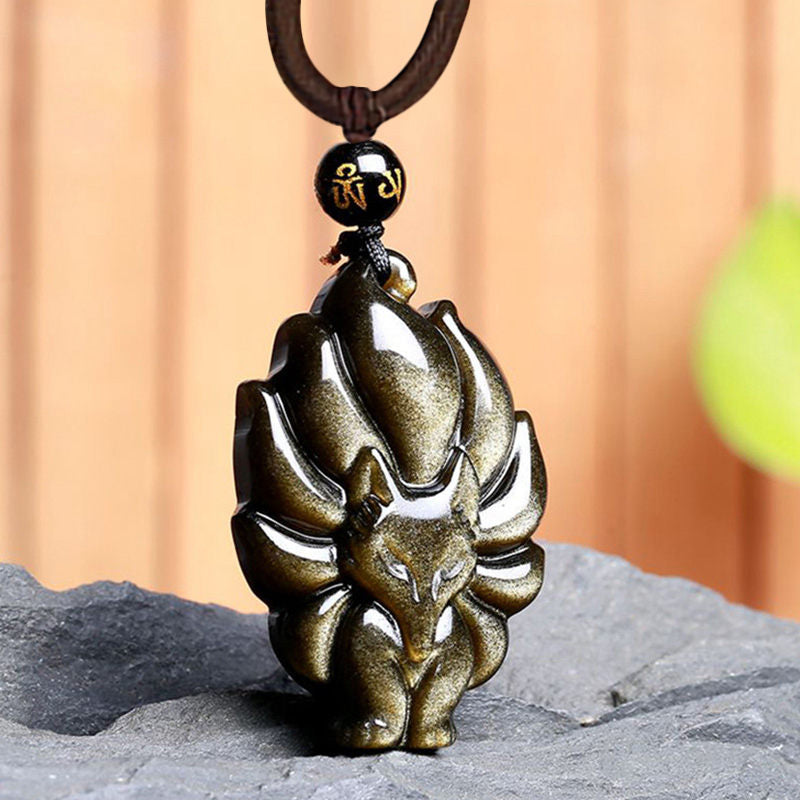 KarmaRipple's Authentic Rainbow Obsidian Gold Sheen Obsidian Nine Tailed Fox Positive Pendant Necklace p13