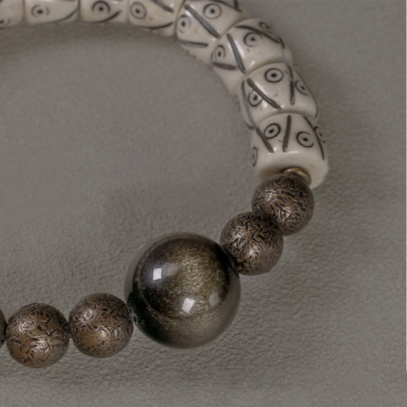 KarmaRipple's Tibetan Yak Bone Gold Sheen Obsidian Brass Bead Strength Bracelet p4