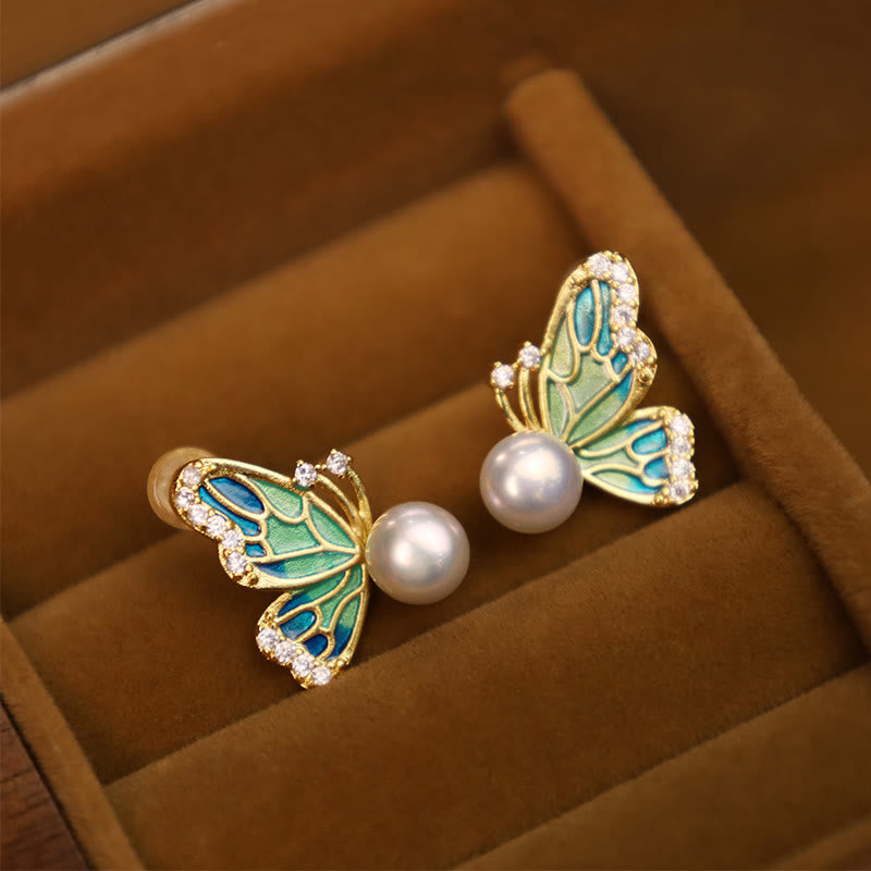 KarmaRipple's 925 Sterling Silver Posts 18K Gold Plated Bronze Authentic Pearl Butterfly Balancing Stud Earrings p12