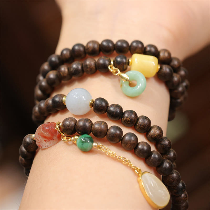 KarmaRipple's 108 Mala Beadwork Brunei Agarwood Amber Red Agate Peace Buckle Jade Peace Bracelet p3
