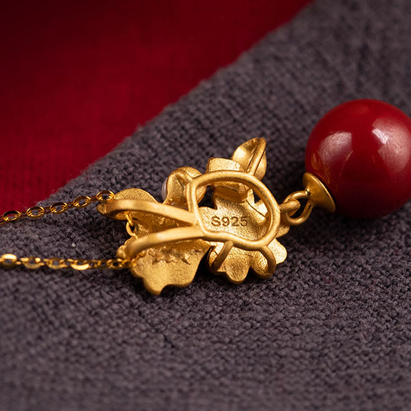 KarmaRipple's 925 Sterling Silver Plated Gold Cinnabar Pearl Flower Blessing Pendant Necklace Earrings Ring Set p9