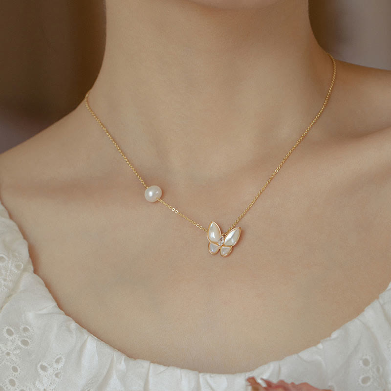 KarmaRipple's 14K Gold Plated Bronze Pearl Tridacna Stone Butterfly Blessing Ring Bracelet Pendant Necklace Earrings Set p4