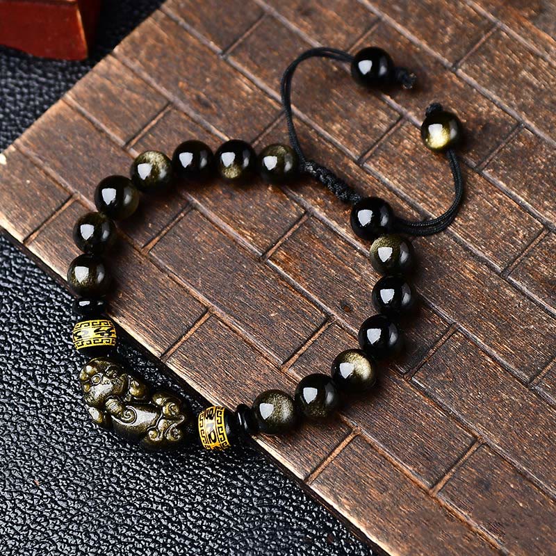 KarmaRipple's Authentic Gold Sheen Obsidian PiXiu Om Mani Padme Hum Wealth Woven Bracelet p18