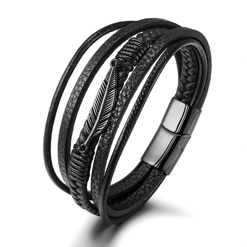 KarmaRipple's Feather Pattern Multilayer Leather Titanium Steel Calm Woven Magnetic Buckle Bracelet p3
