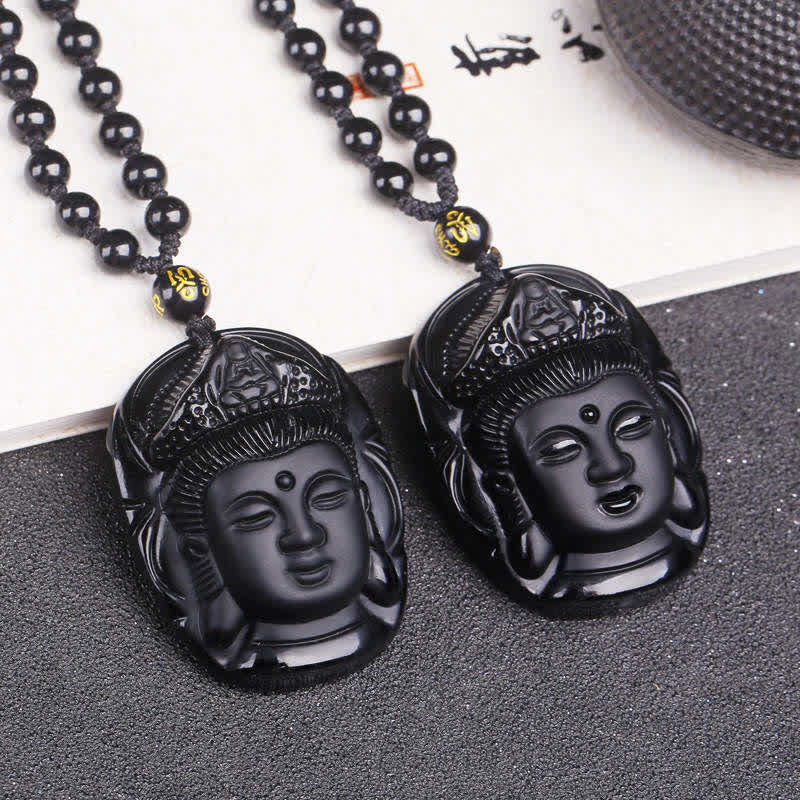 KarmaRipple's Authentic Black Obsidian Kwan Yin Avalokitesvara Strength String Pendant Necklace p2
