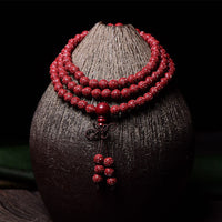 KarmaRipple's 108 Mala Beadwork Cinnabar Om Mani Padme Hum Pattern Engraved Blessing Bracelet