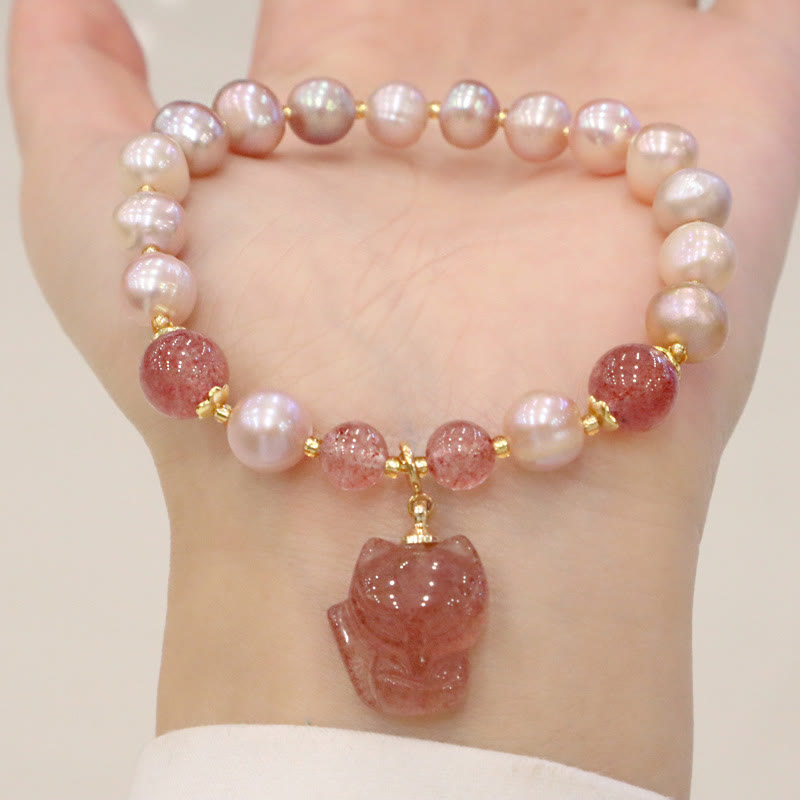 KarmaRipple's Authentic Pearl Strawberry Quartz Cute Fox Love Balancing Talisman Bracelet p16