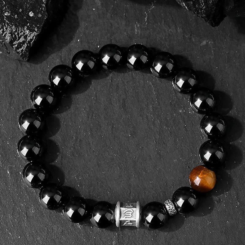 KarmaRipple's 999 Sterling Silver Black Obsidian Tiger Eye Om Mani Padme Hum Fulfillment Bracelet p2
