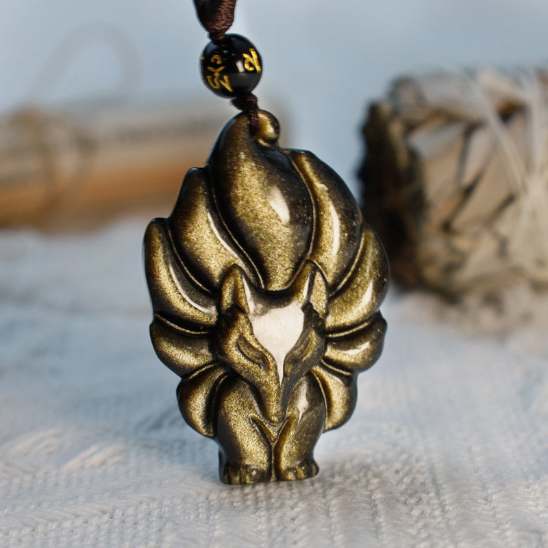 KarmaRipple's Authentic Rainbow Obsidian Gold Sheen Obsidian Nine Tailed Fox Positive Pendant Necklace p14