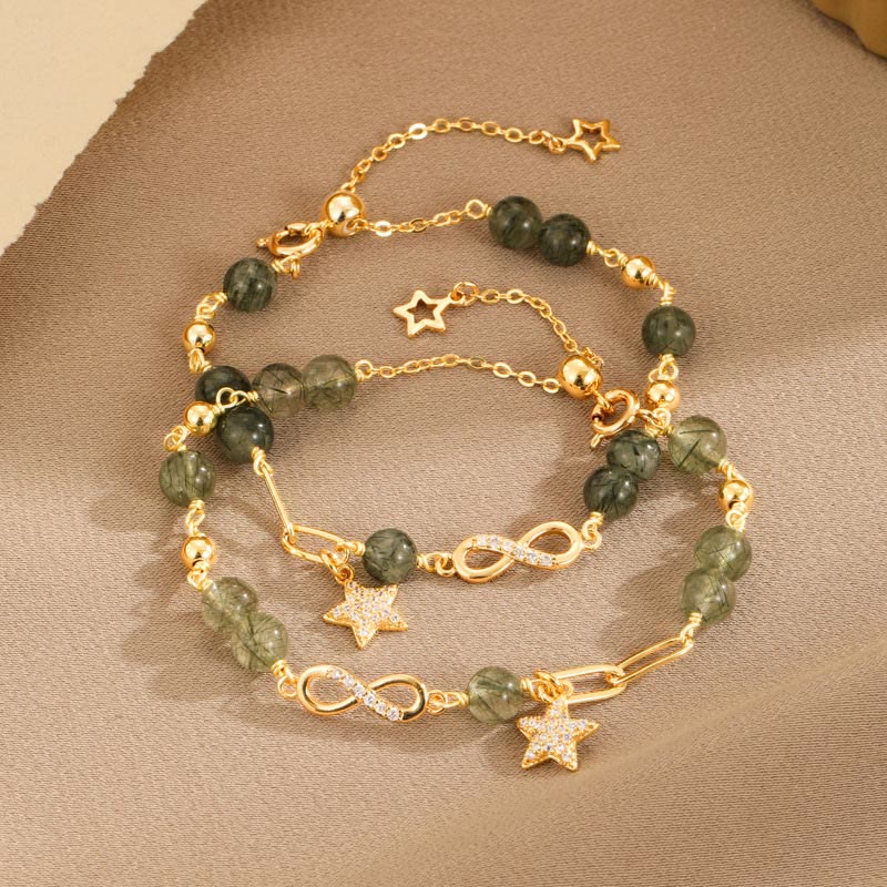 KarmaRipple's 14K Gold Green Rutilated Quartz M?bius Loop Eternal Love Star Protection Bracelet p4