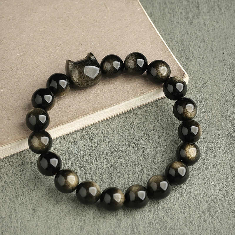 KarmaRipple's Gold Sheen Obsidian Silver Sheen Obsidian Lovely Paw Fortunate Cat Protection Bracelet p2