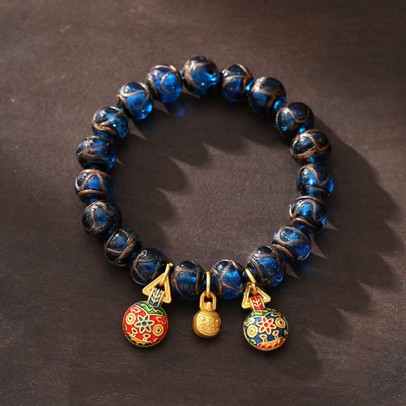KarmaRipple's Gold Swallowing Beast Fortune Talisman Blue Liuli Glass Bead Fortune Bracelet p6