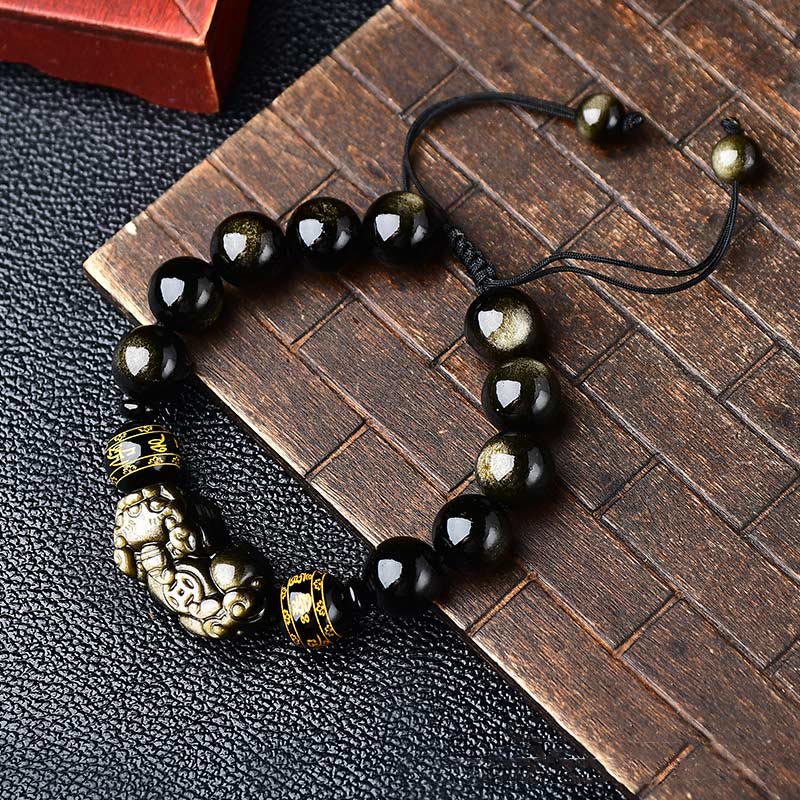 KarmaRipple's Authentic Gold Sheen Obsidian PiXiu Om Mani Padme Hum Wealth Woven Bracelet p21