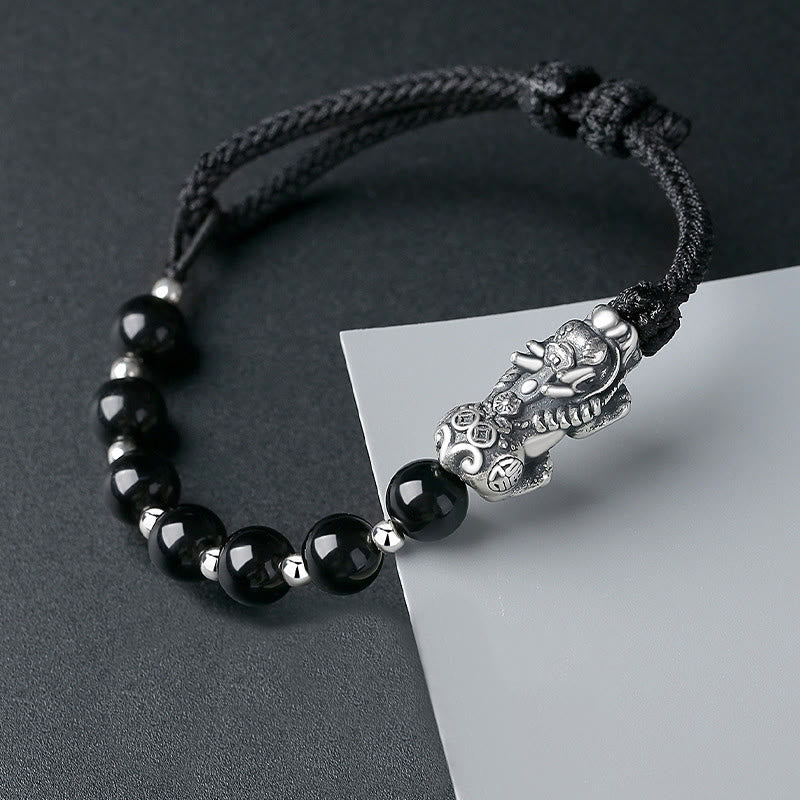 KarmaRipple's 999 Sterling Silver FengShui PiXiu Authentic Black Obsidian 925 Sterling Silver Bead Strength Bracelet p2