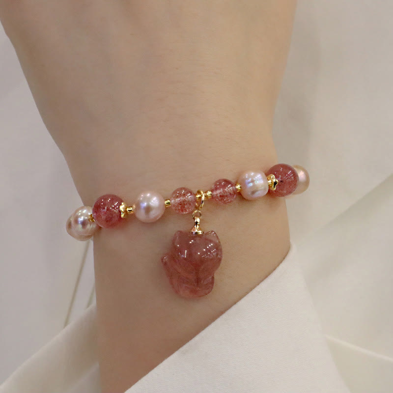 KarmaRipple's Authentic Pearl Strawberry Quartz Cute Fox Love Balancing Talisman Bracelet p8