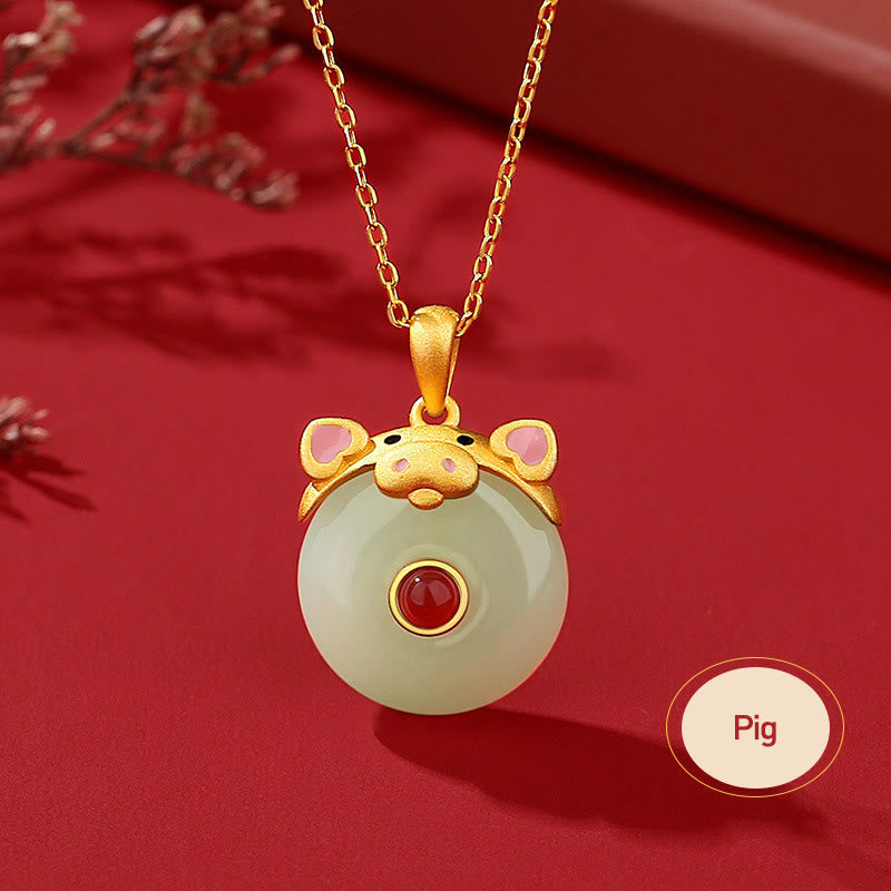 KarmaRipple's 925 Sterling Silver Hetian Jade Chinese Zodiac Year of the Dragon Red Agate Fortune Protection Pendant Necklace ( p12