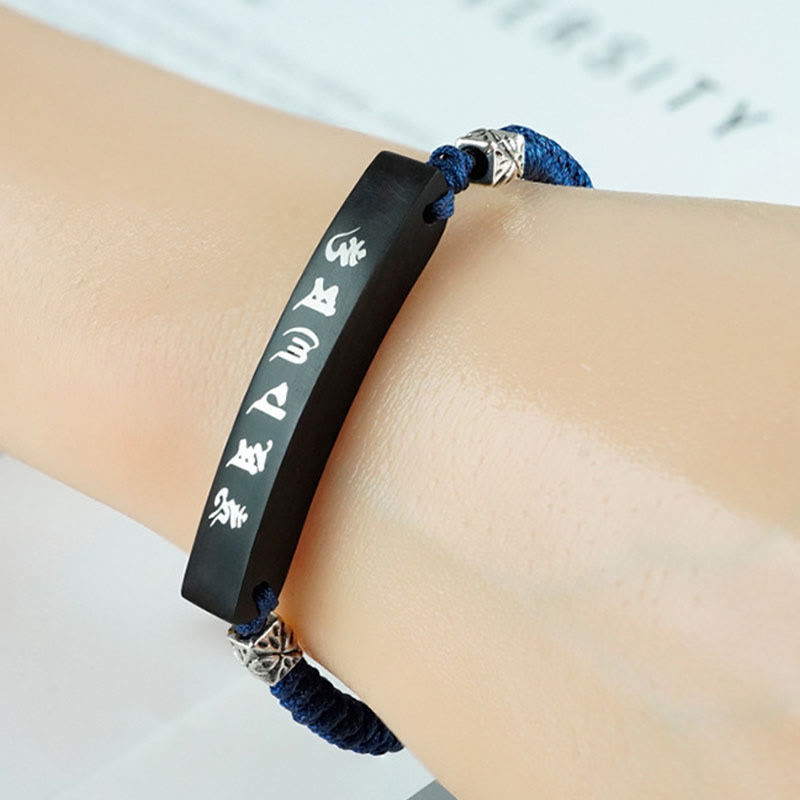 KarmaRipple's Buddhism Six True Words Wood Ebony Wood Silver Inlaid Protection Bracelet p9