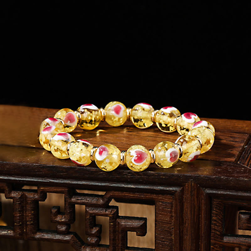 KarmaRipple's Gold Swallowing Beast Family Pink Love Heart Luminous Fluorescent Liuli Glass Bead Bracelet p30